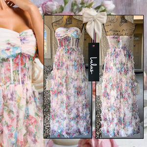 Lulus Cream Floral Mesh Ruffled Strapless Stunning Element Maxi Dress Size S